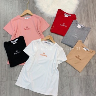 Áo phông phom ngắn thêu chữ ngày chất cotton