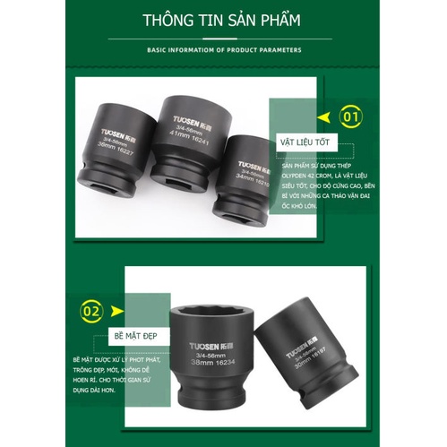 Tuýp đầu bông 12 cạnh 3/4 inch TUOSEN ( đủ cỡ từ 17mm đến 41mm)