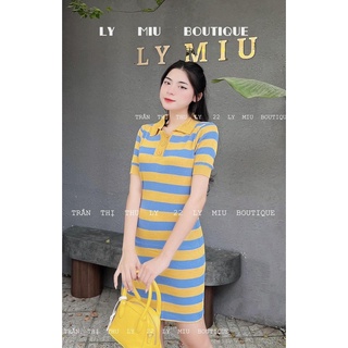 Đầm len kẻ vàng xanh Quảng Châu dáng dài 90cm