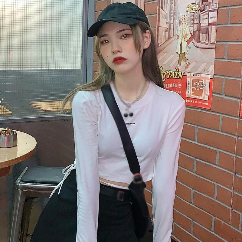 Áo thun croptop tay dài cổ tròn màu sắc đơn giản phong cách Hàn Quốc cho nữ