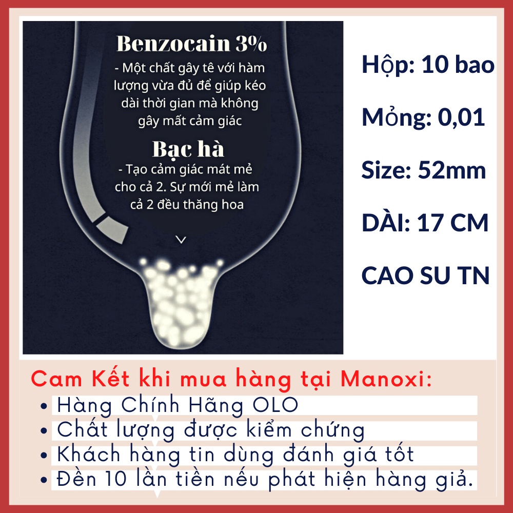 Bao cao su kéo dài thời gian OLO siêu mỏng 0 01mm bcs gel bôi trơn xanh bạc hà mát lạnh olo3