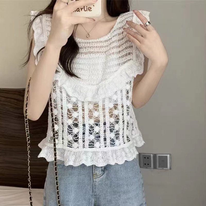 Áo Hai Dây Mỏng Không Tay Nhún Bèo Dễ Thương Cho Nữ