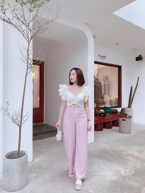 Sét đồ bộ quần sọc kare phối áo ngắn rút dây tay bèo