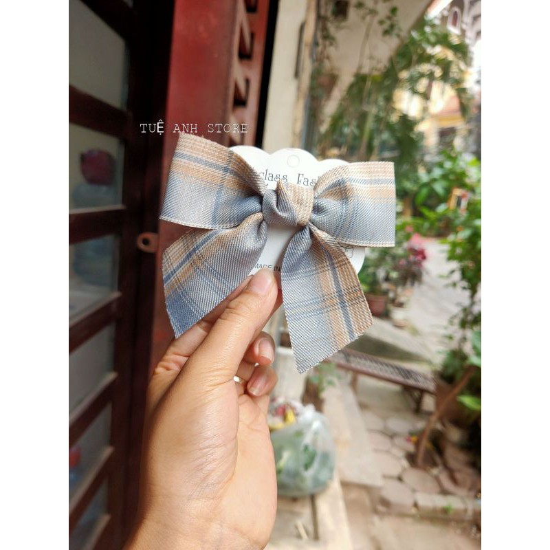 B415 Kẹp tóc nơ kẻ xinh xắn dành cho bạn gái