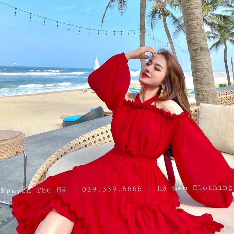 Váy trễ vai bèo dài tay, maxi đi biển, kèm ảnh thật