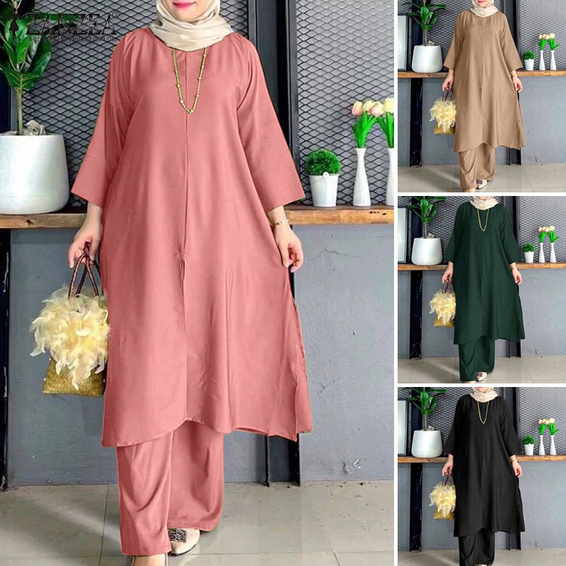 Bộ đồ Hồi Giáo ZANZEA dáng rộng cổ tròn tay dài xẻ tà màu trơn thời trang cho nữ