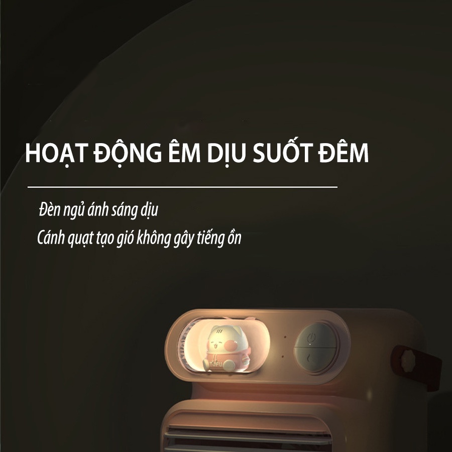 Quạt Điều Hòa Hơi Nước Mini Tích Điện Máy Làm Mát Không Khí  Để bàn 3 Chế độ gió tạo ẩm lọc không khí Đèn ngủ trang trí