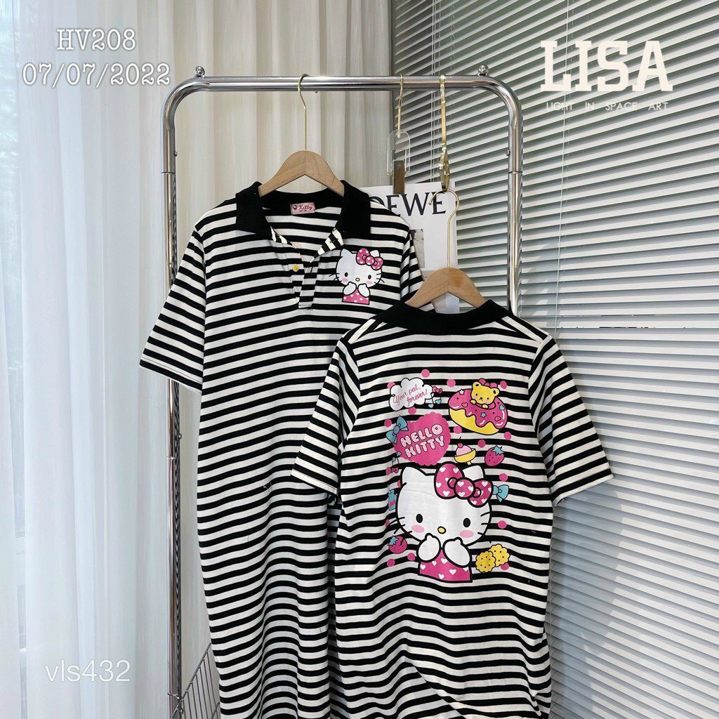 [10.10 Sale Freeship] Đầm polo vải sọc dáng suông hình hello kitty siêu đáng yêu xẻ tà, Váy polo dáng dài kẻ ngang