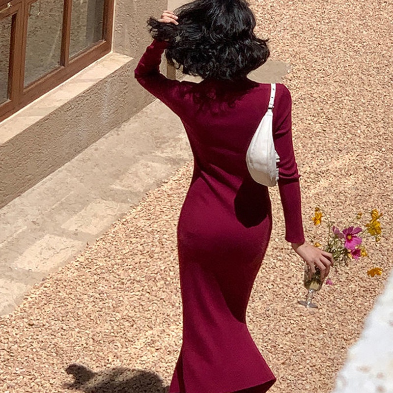 Đầm IELGY dệt kim tay dài cổ vuông phong cách Hong Kong cổ điển thời trang cho nữ