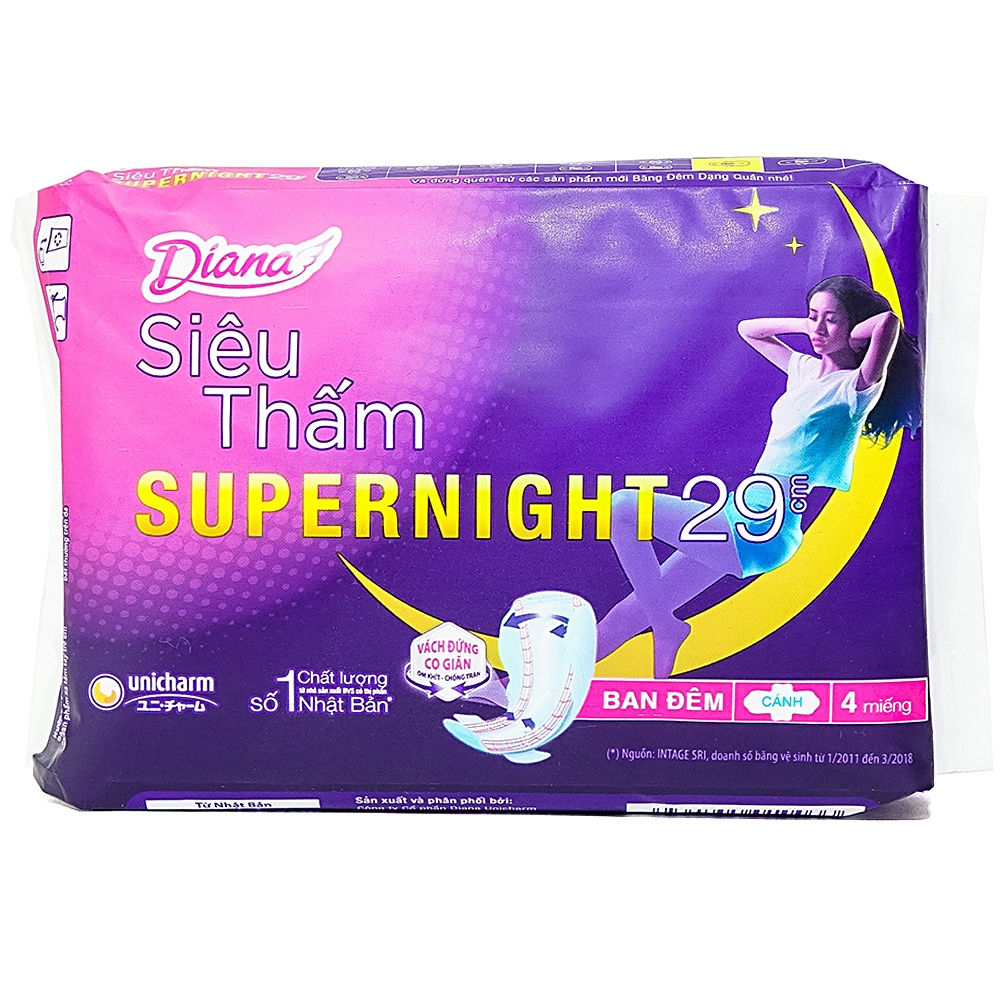 Băng Vệ Sinh Ban Đêm Diana Siêu Thấm Super Night 29Cm Gói 4 Miếng