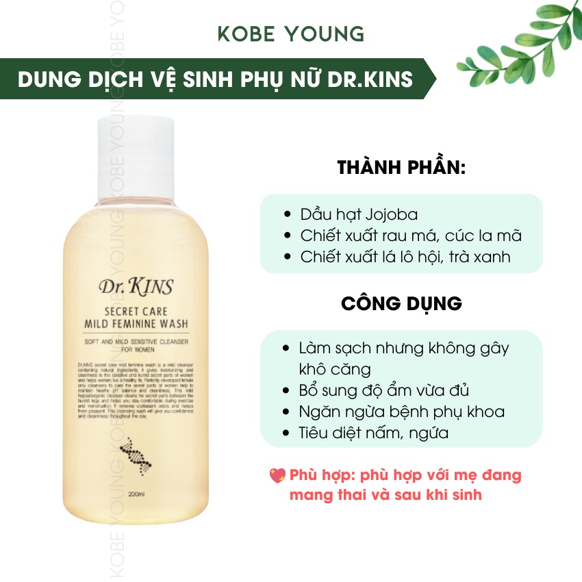 Dung Dịch Vệ Sinh Phụ Nữa Độ PH 5.5 Dưỡng Ẩm Dịu Nhẹ Drkins Secret Care Mild Feminine Wash 200ml- KOBE YOUNG