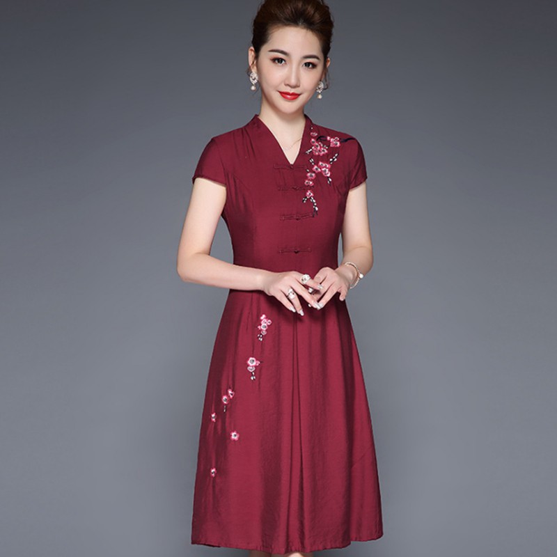 Đầm váy thêu trung niên cao cấp size XL, 2XL chỉ còn màu đỏ AM084