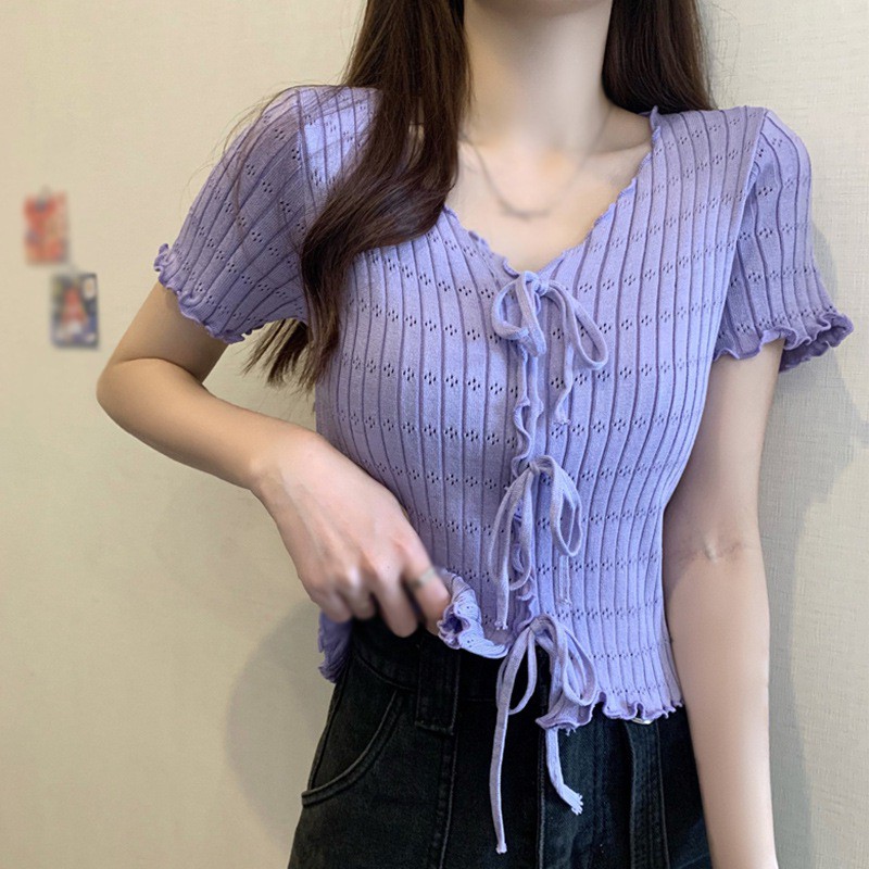 Áo Croptop Dệt Kim Tay Ngắn Thiết Kế Cổ Chữ V Quyến Rũ