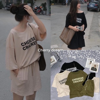 Set đồ thun áo phông in chữ Cheese kèm quần short, set nữ mùa hè đi chơi
