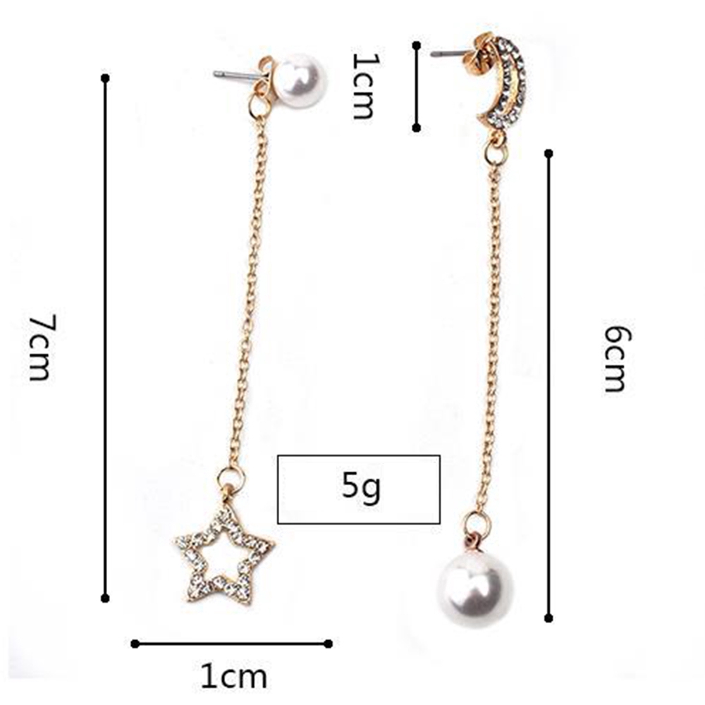 Đôi khuyên tai dây dài quyến rũ hình ngôi sao và hạt tròn mặt trăng