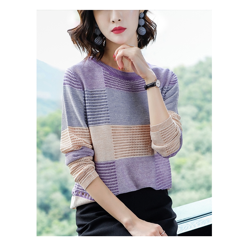 Autumn Women Knit Ice Silk Blouse Loose Bottoming Shirt Stripes Long Sleeves Tops Clothes | BigBuy360 - bigbuy360.vn