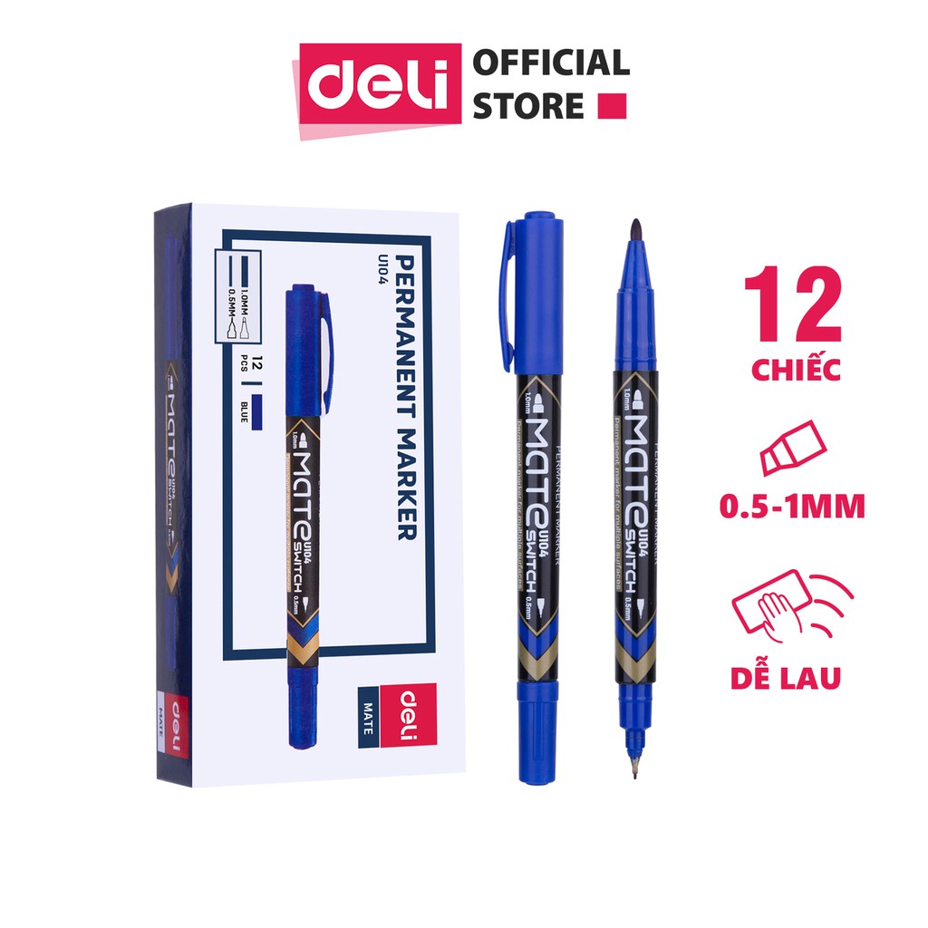 Bút dạ kính 2 đầu Deli - không xóa được, mực vĩnh cửu - Mực Đen/Xanh/Đỏ - 12 cây/hộp - EU10420 / EU10430 / EU10440