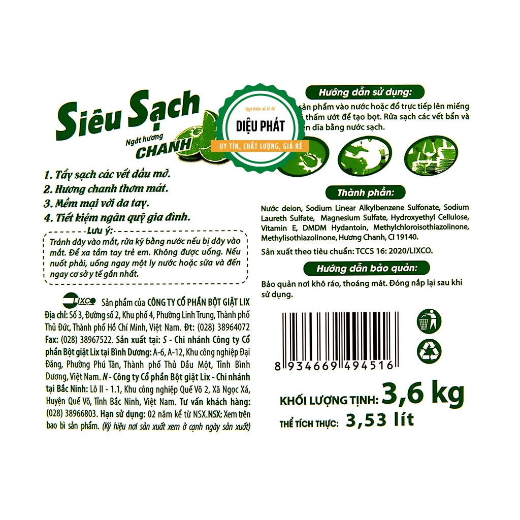 ⚡️ Nước Rửa Chén Lix Siêu Sạch Hương Chanh Can 3.6kg