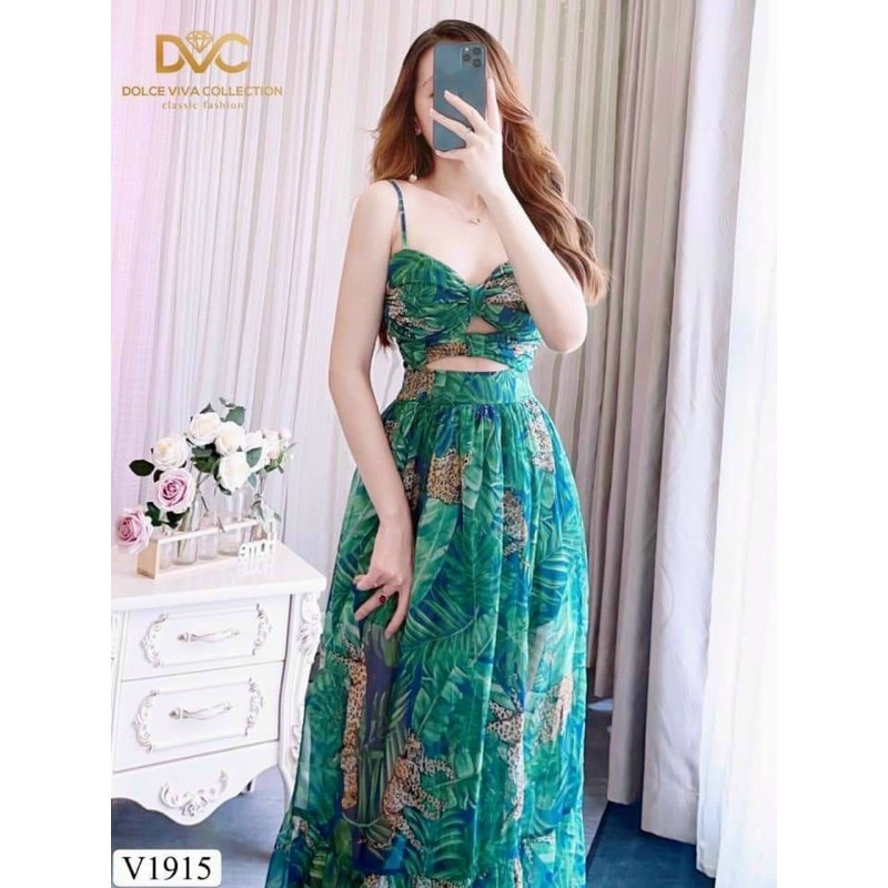 Đầm maxi hoa  2 dây có mút ngực tôn dáng