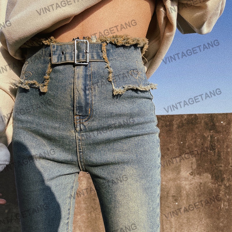 Jiashucheng Quần Jean Lưng Cao Dáng Ôm Nhẹ Nhàng Kiểu Retro Mỹ Cho Nữ