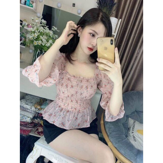 Áo chiffon tay phồng in hoa xinh xắn cho nữ thoáng mát thanh lịch, chất liệu tốt | BigBuy360 - bigbuy360.vn