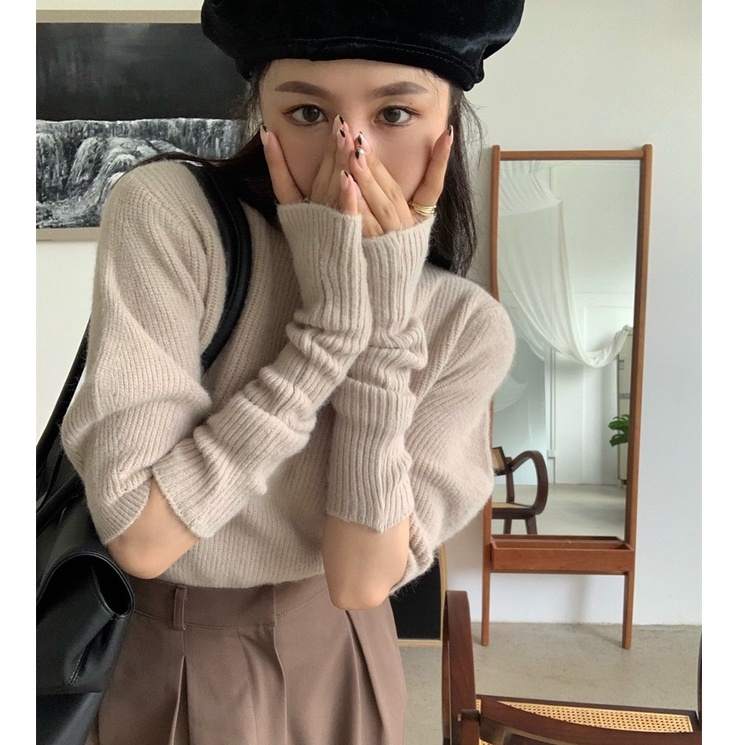 QKOOLE  Áo sweater dệt kim cổ tròn + găng đeo cánh tay kiểu Hàn Quốc thời trang cho nữ