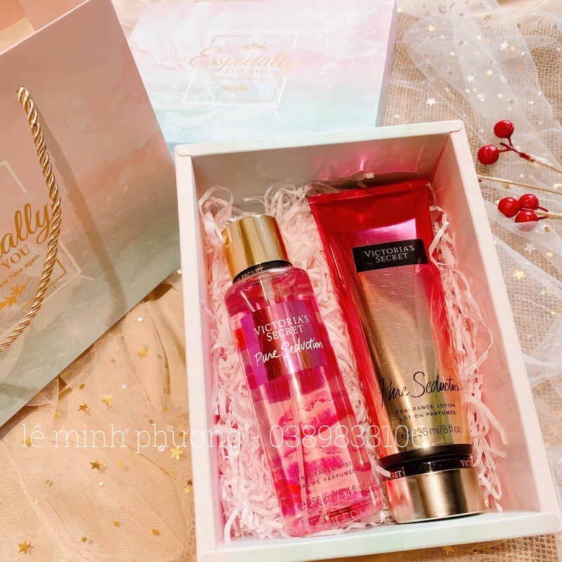 set xịt dưỡng thể body mist và lotion kem dưỡng victoria secret amber ,aqua kiss ,velvet petals