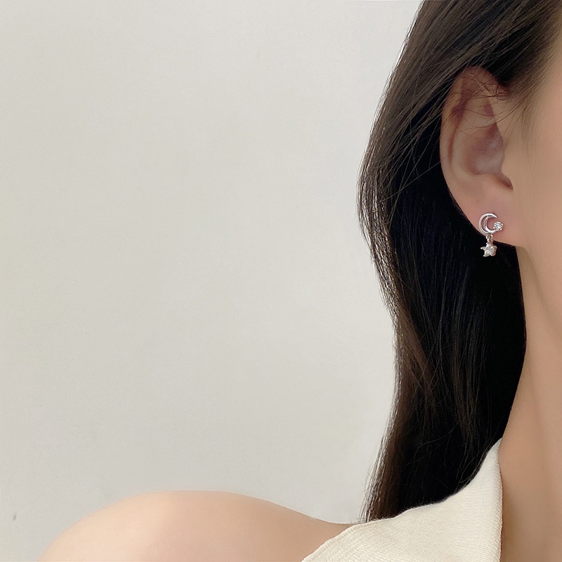 Bông tai chuôi bạc 925 hình ngôi sao / mặt trăng đính đá zircon đơn giản thời trang cho nữ