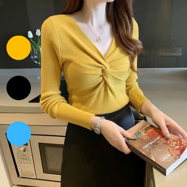 Áo len dài tay nữ hàng Quảng Châu chất đẹp kiểu xoắn chéo dáng ôm gợi cảm, áo sweater nữ cổ V thời trang - Lulu fashion
