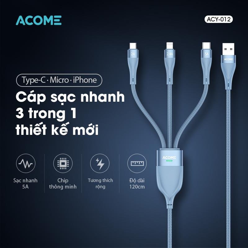 Cáp sạc nhanh 3 trong 1 thiết kế mới ACOME ACY-012 Xanh dương