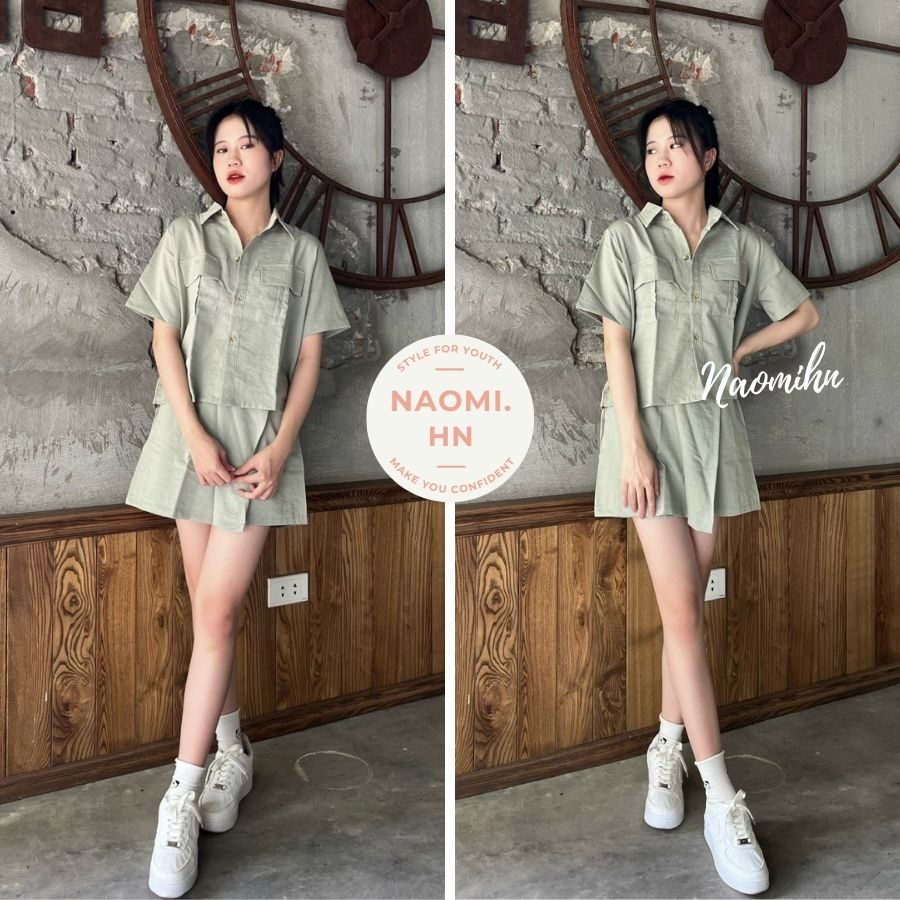 Set đồ nữ sơ mi cộc tay túi ngực form croptop kèm quần giả váy ngắn vạt lệch chất đũi siêu thích. Set basic nhiều màu