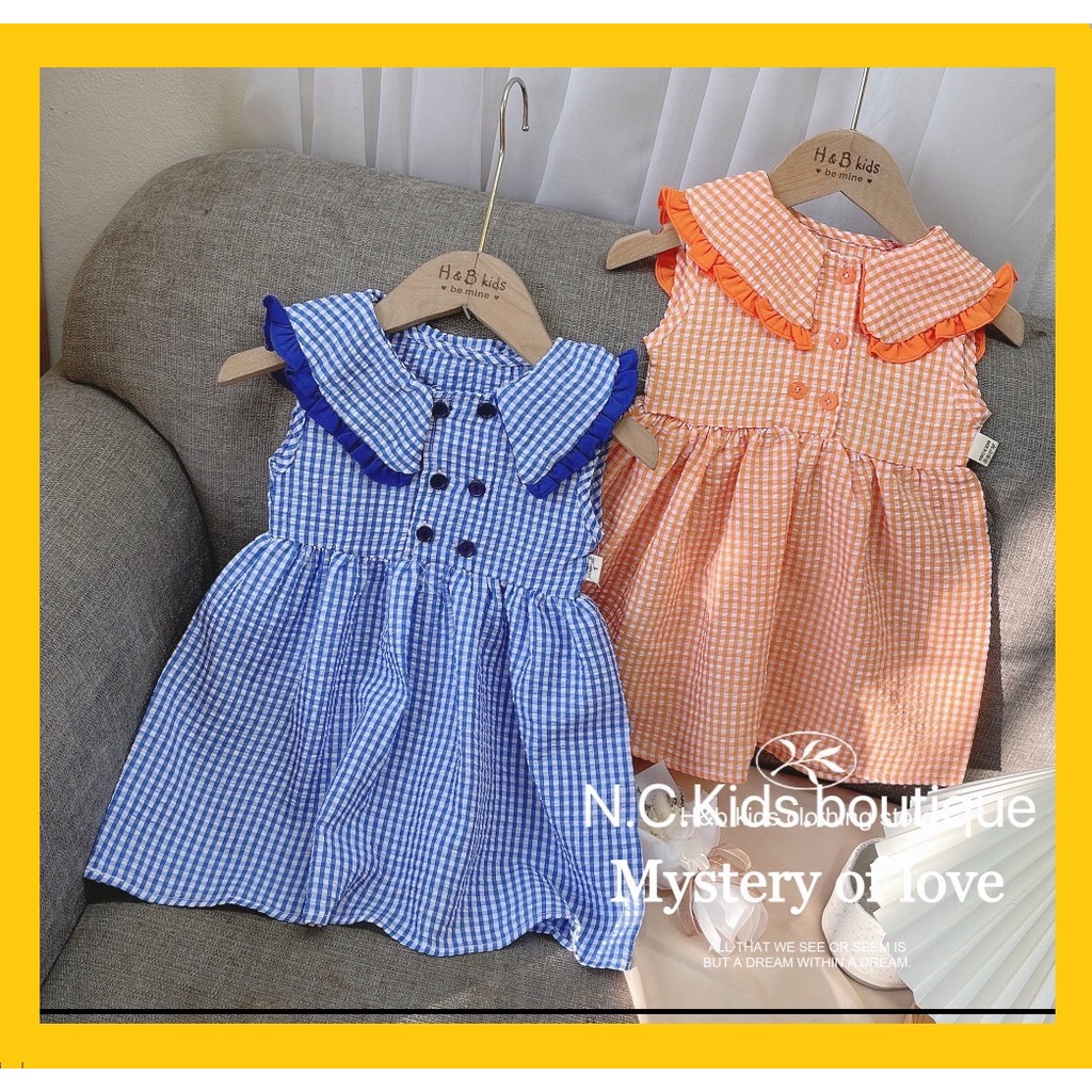 Váy bé gái cotton thô sọc 8-20 kg cổ viền xòe xinh xắn, đầm tiểu thư cho bé mặc hè trẻ em nữ 1 2 3 4 5 6 tuổi Đ022
