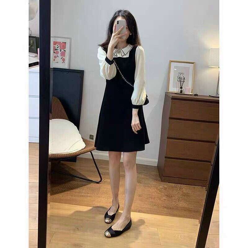 Váy đầm nữ dáng suông tay dài cổ chạy viền dễ thương