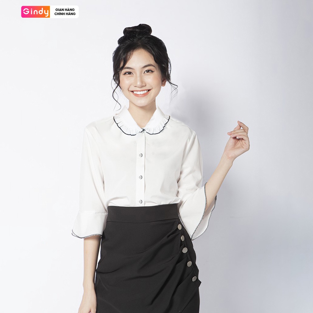 Áo sơ mi lụa nữ GINDY cổ bèo màu trắng tay loe lỡ dáng suông thời thời trang nữ, công sở, học sinh A6177
