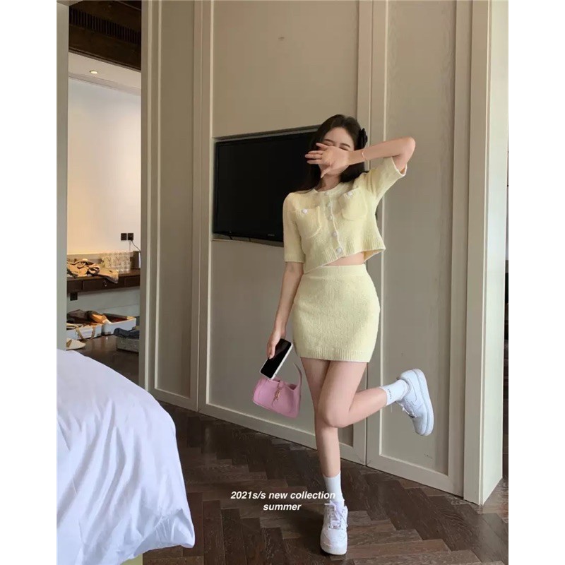 Sẵn set 2 món áo chân váy dệt tay ngắn xinh ( có ảnh thật) | BigBuy360 - bigbuy360.vn