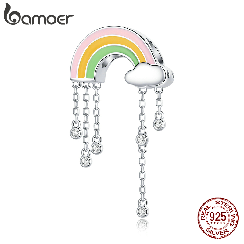 Hạt vòng tay Bamoer BSC418 hình cầu vồng làm bằng bạc 925 đính đá zircon mạ Platinum DIY
