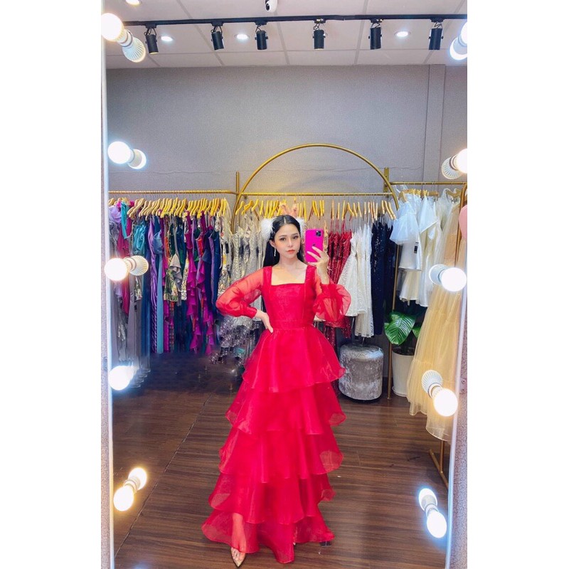 đầm maxi dạ hội tay dài tầng