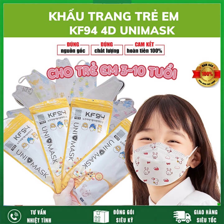 Khẩu trang trẻ em 4D KF94 Uni Mask 4 lớp Hàn Quốc cho bé 3-10 tuổi, giúp bé kháng khuẩn, chống bụi mịn bảo vệ hô hấp