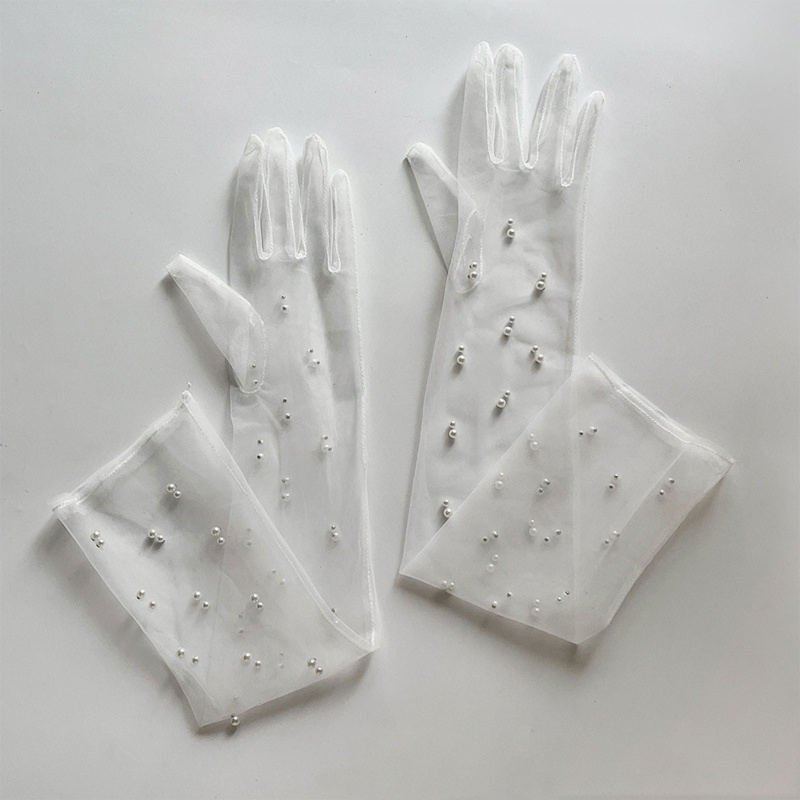 Găng Tay Lưới Dài Đính Hạt Ngọc Trai Cho Cô Dâu