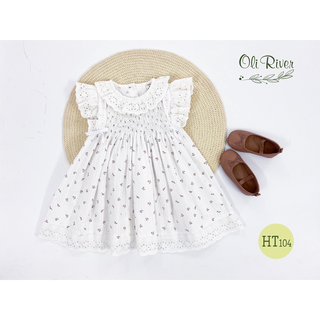 Đầm Smock bé gái cổ tròn phối vải ren tay cánh tiên điệu đà xinh yêu 8-25kg