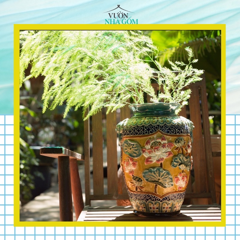 Bình hoa gốm đắp nổi sen xanh đồng trổ bông, trang trí nhà cửa, decor- Vườn Nhà Gốm