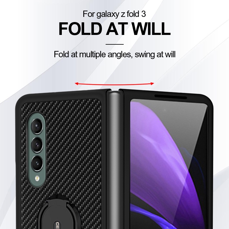 Ốp điện thoại họa tiết sợi carbon có giá đỡ xỏ ngón tay sang trọng cho Samsung Galaxy Z Fold 3