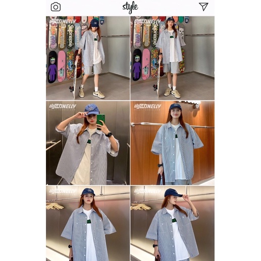 Áo sơ mi nelly sale (có sẵn) kaki xanh trắng sọc dọc