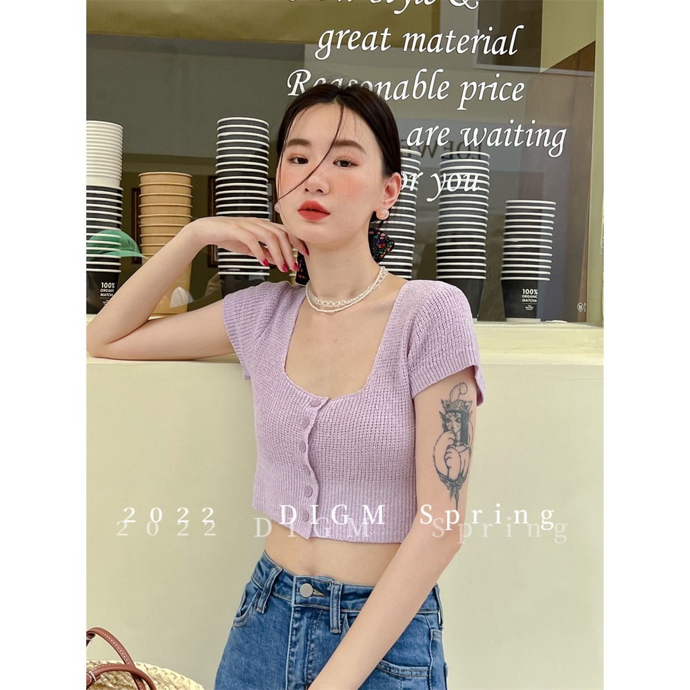 DUNEA Áo Dệt Kim Nữ Cổ Vuông Cài Nút Màu Trơn