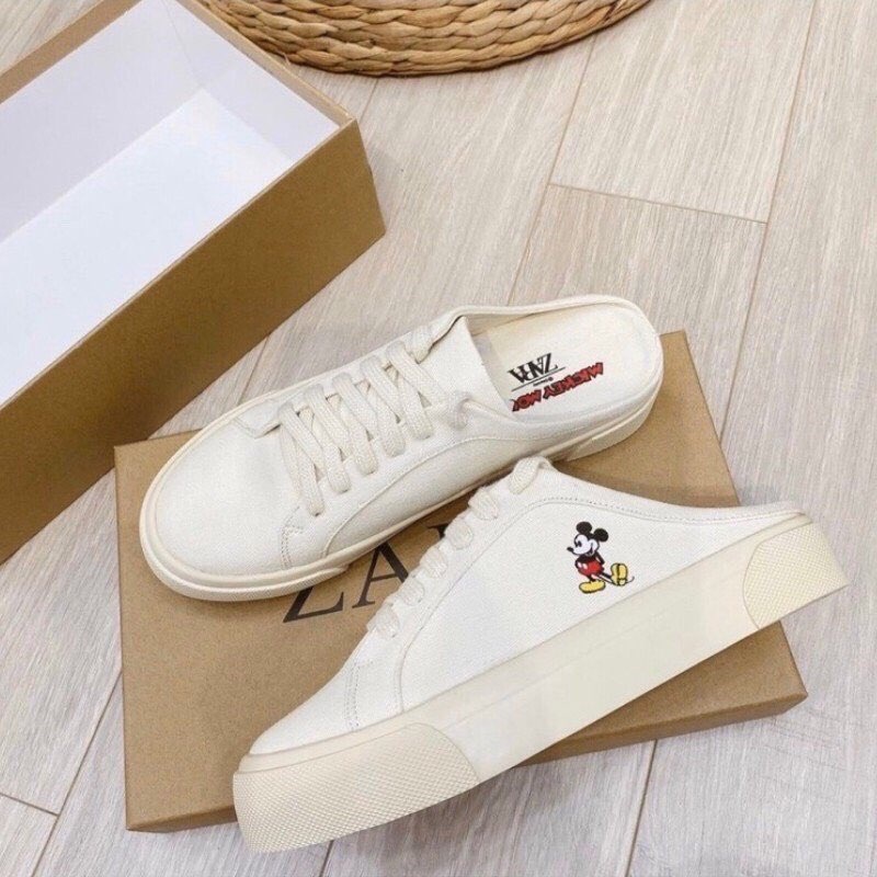 [ Full Bill + Box]Giày Thể Thao nữ hở gót Zara vải canvas in hình chuột Mickey