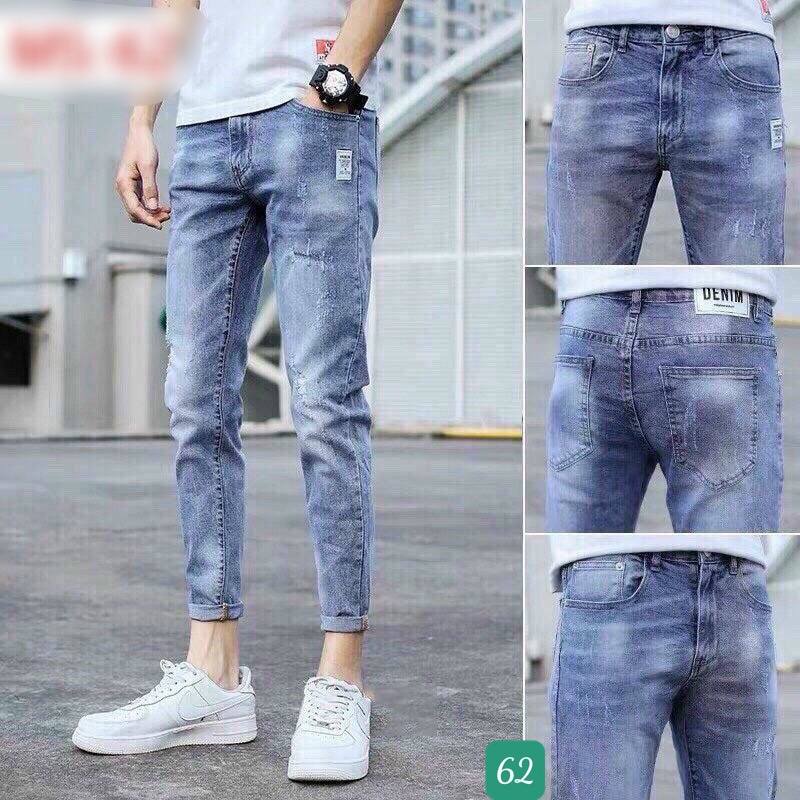 Quần Jeans Nam Chất Bò Rin Cao Cấp Xanh Trơn Không Rách Co Giãn Ống Côn Dáng Ôm Basic T22