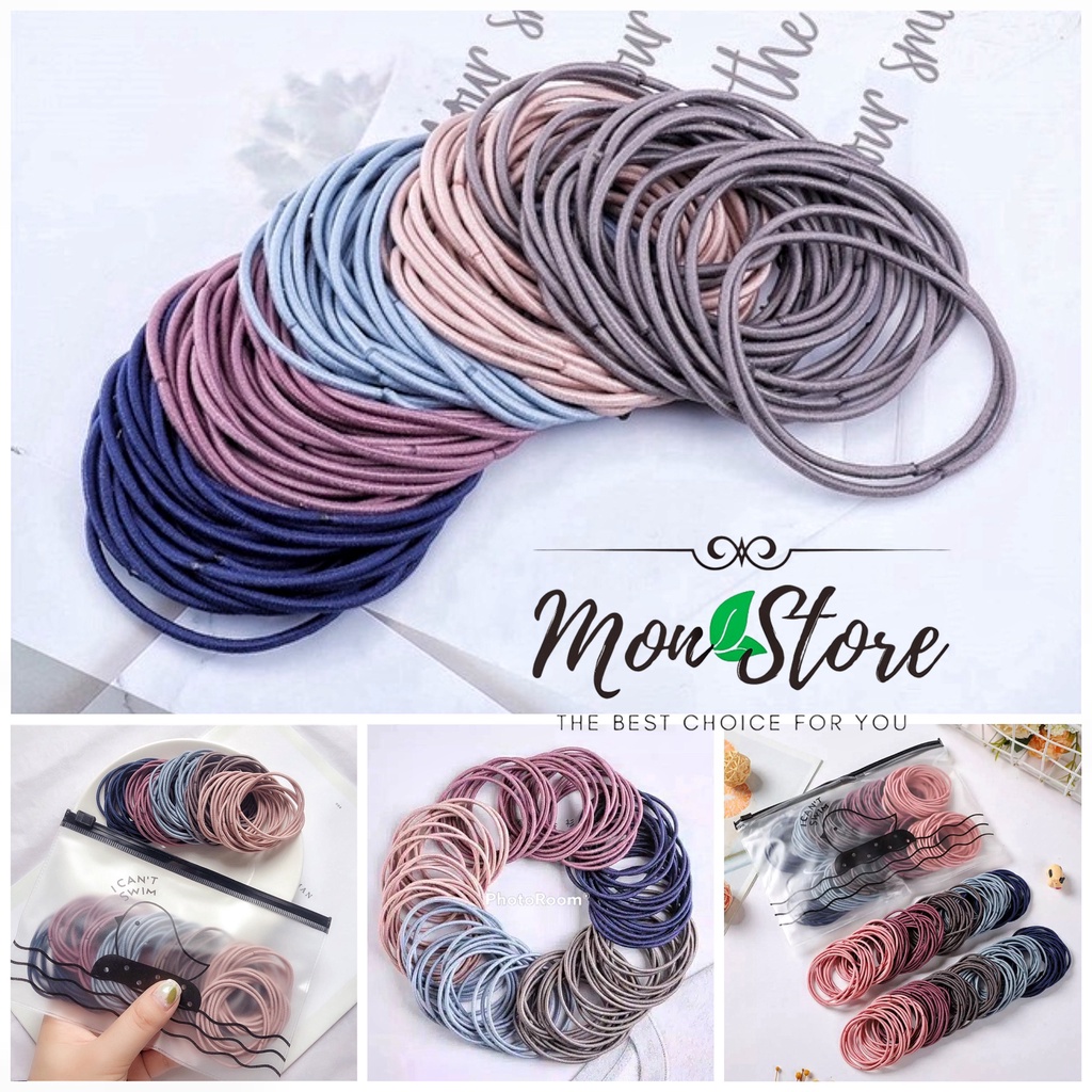 [Kèm túi zip] SET 100 THUN cột tóc mix 5 màu xinh xắn