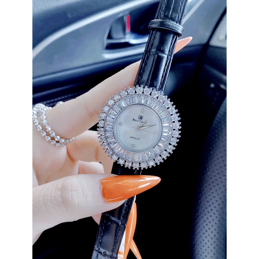 Đồng hồ đeo tay nữ, đồng hồ nữ chính hãng ROYAL CROWN dây da đính kim cương nhân tạo cao cấp, siêu sang chảnh, cực đẹp