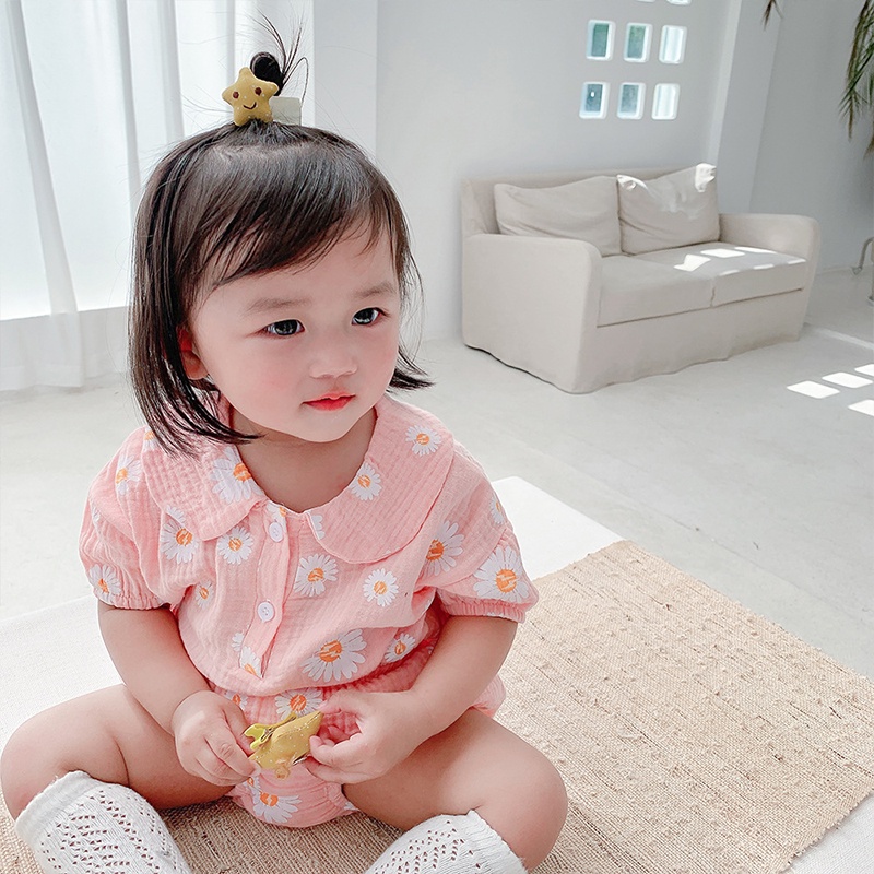Set Áo Thun + Quần Short cotton Phối Ren Hoa Cúc Xinh Xắn Cho Bé Gái