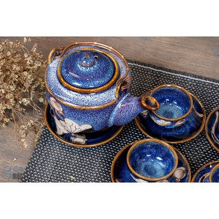 Bộ ấm chén Bát Tràng men hỏa biến xanh đá, khắc sen